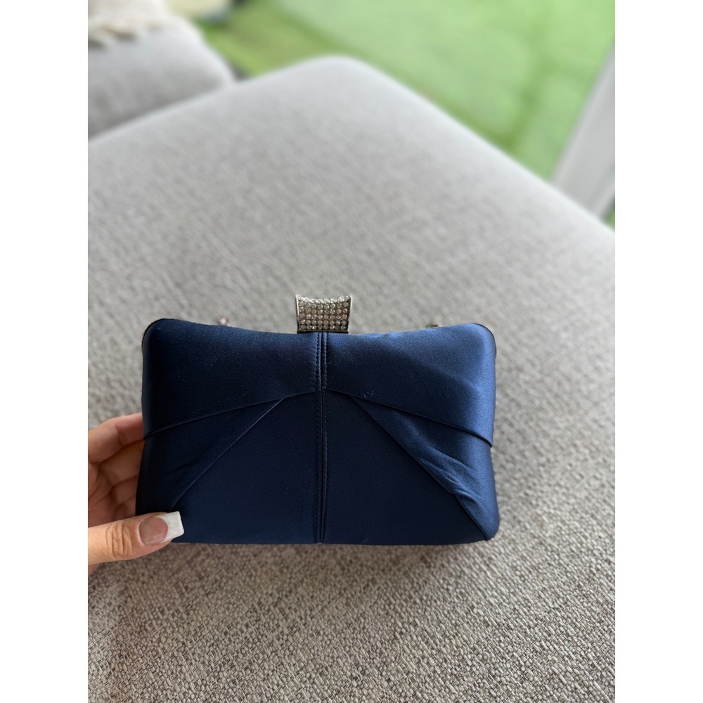 Jessica McClintock Navy Blue Satin Pleated Rhinestone Clasp Evening Clutch Bag